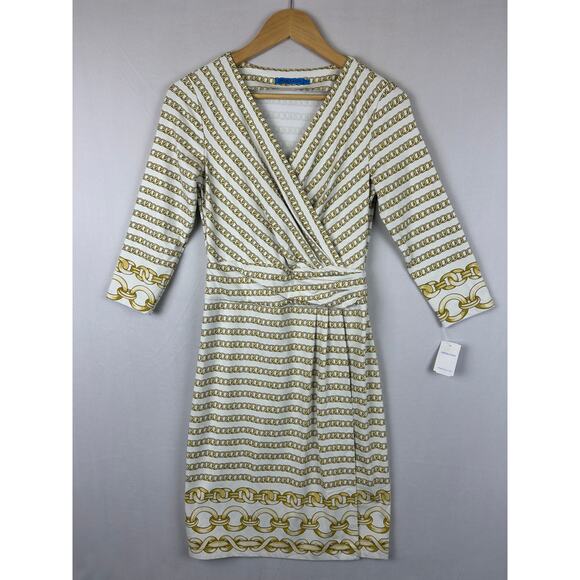 J. McLaughlin Brea Wrap White Dress Gold Chainlink 1/2 Sleeve Women's Size XS